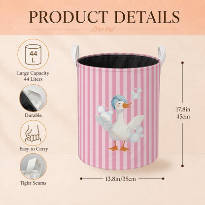 Funny Goose Pink Striped Laundry Basket, Preppy Toothbrush Bubble Goose Laundry Hamper Waterproof Collapsible Clothes Toys Storage Bin Organizer for Girls Dorm Bathroom Washroom