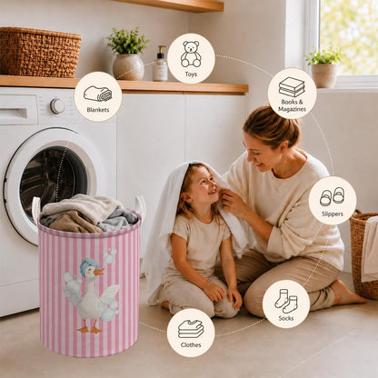 Funny Goose Pink Striped Laundry Basket, Preppy Toothbrush Bubble Goose Laundry Hamper Waterproof Collapsible Clothes Toys Storage Bin Organizer for Girls Dorm Bathroom Washroom