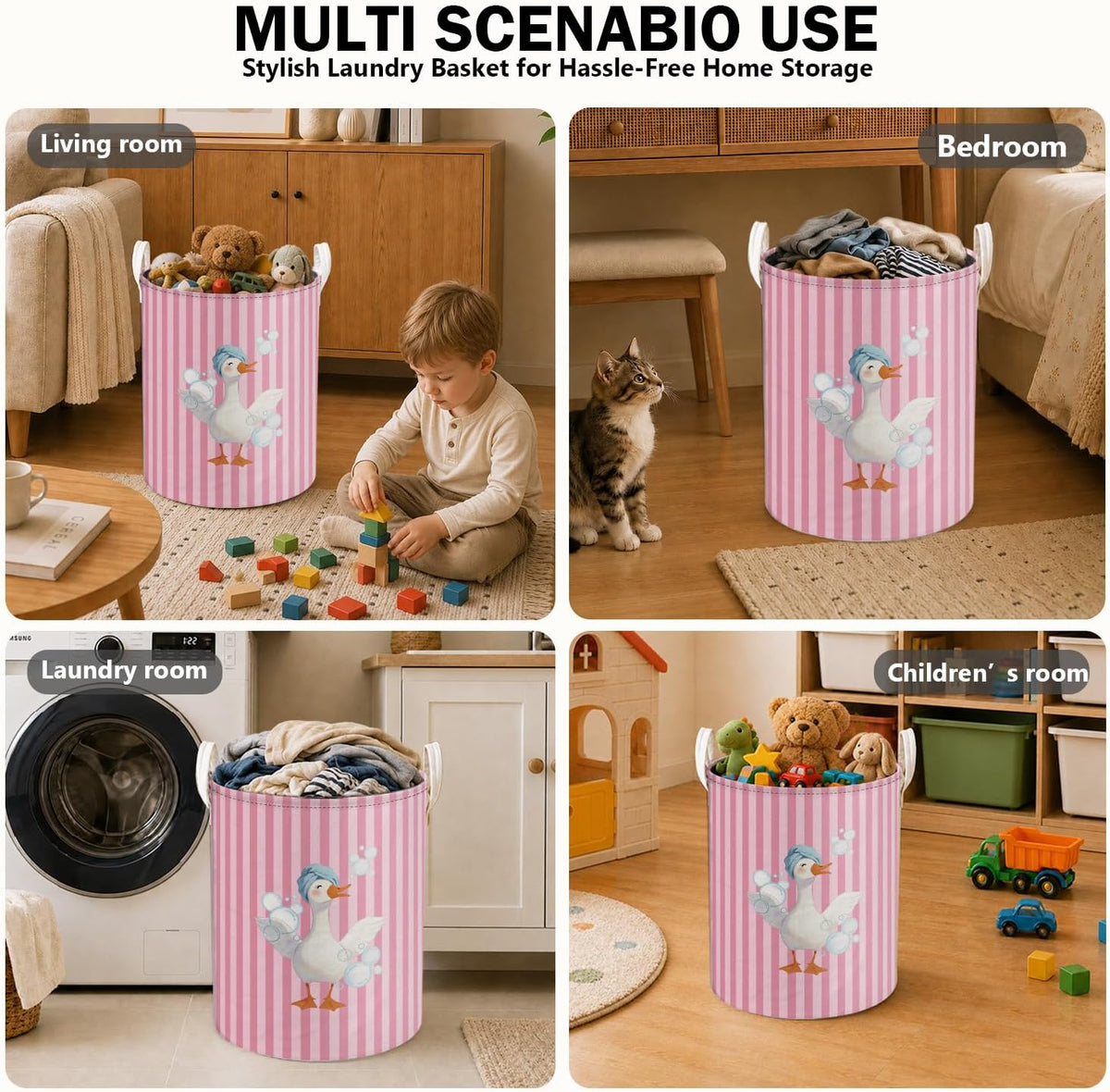 Funny Goose Pink Striped Laundry Basket, Preppy Toothbrush Bubble Goose Laundry Hamper Waterproof Collapsible Clothes Toys Storage Bin Organizer for Girls Dorm Bathroom Washroom