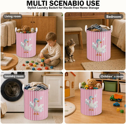 Funny Goose Pink Striped Laundry Basket, Preppy Toothbrush Bubble Goose Laundry Hamper Waterproof Collapsible Clothes Toys Storage Bin Organizer for Girls Dorm Bathroom Washroom
