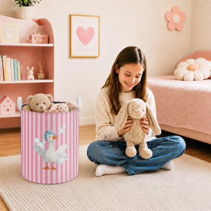 Funny Goose Pink Striped Laundry Basket, Preppy Toothbrush Bubble Goose Laundry Hamper Waterproof Collapsible Clothes Toys Storage Bin Organizer for Girls Dorm Bathroom Washroom