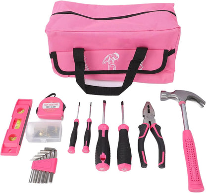18 Piece Pink Tool Kit for Women, Carbon Steel Hand Tools with Portable Storage Box/Cover for Household Repairs, Furniture Assembly and Fixture Installations (18Pcs)