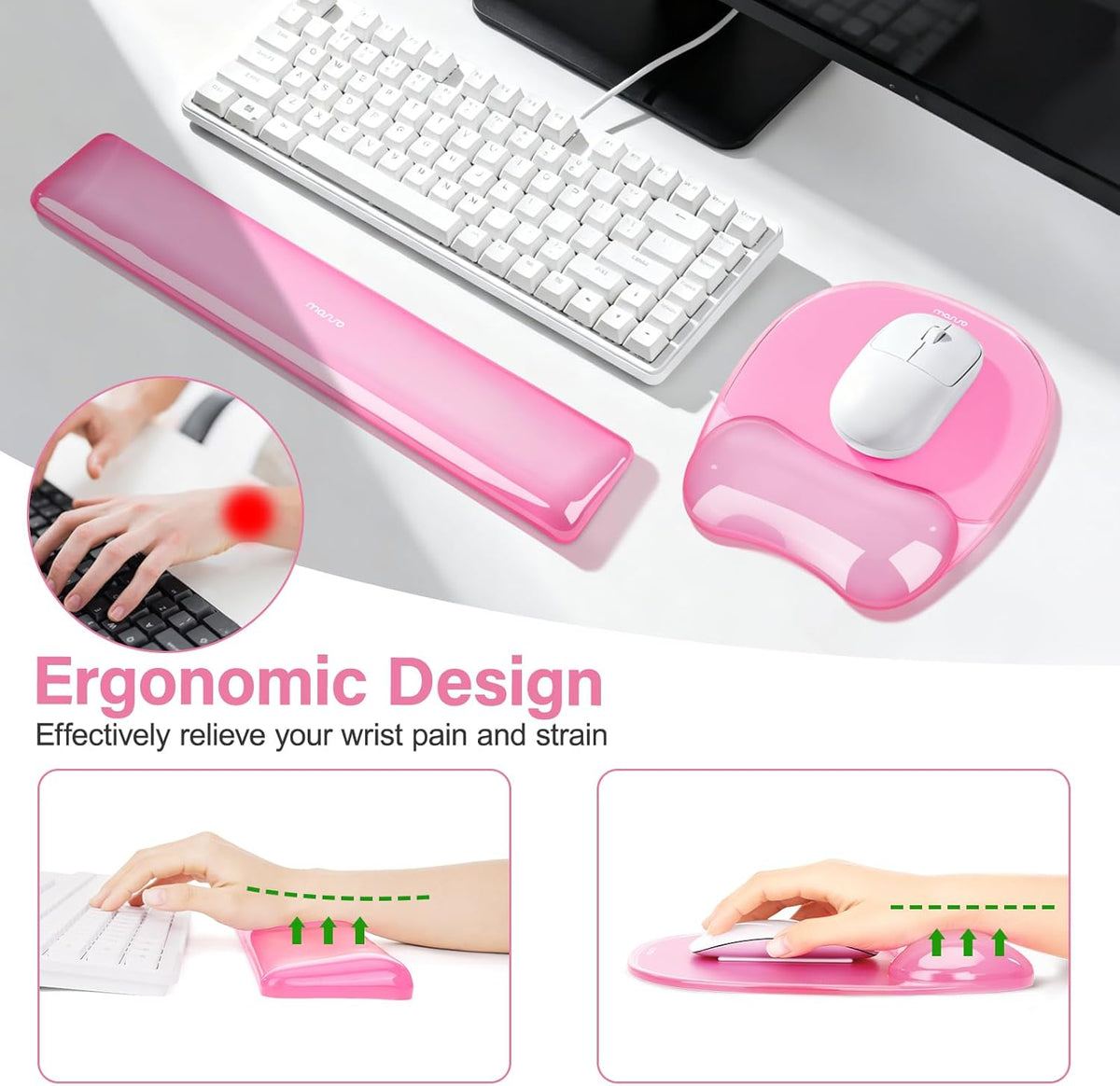 Cooling Gel Wrist Rest Support for Mouse Pad&Keyboard Set, Pink