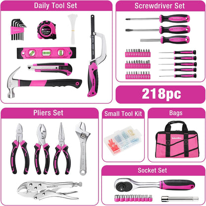 Pink Tool Kit, 218-Pieces Home Repairing Tool Set