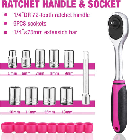 Pink Tool Kit, 218-Pieces Home Repairing Tool Set