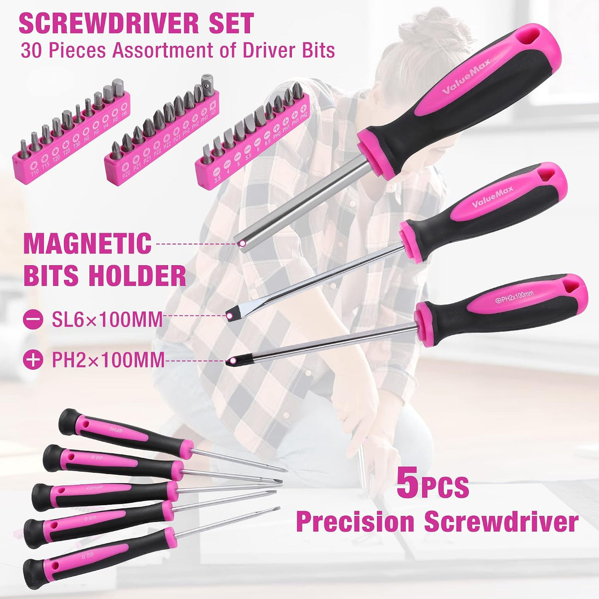 Pink Tool Kit, 218-Pieces Home Repairing Tool Set