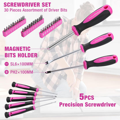 Pink Tool Kit, 218-Pieces Home Repairing Tool Set