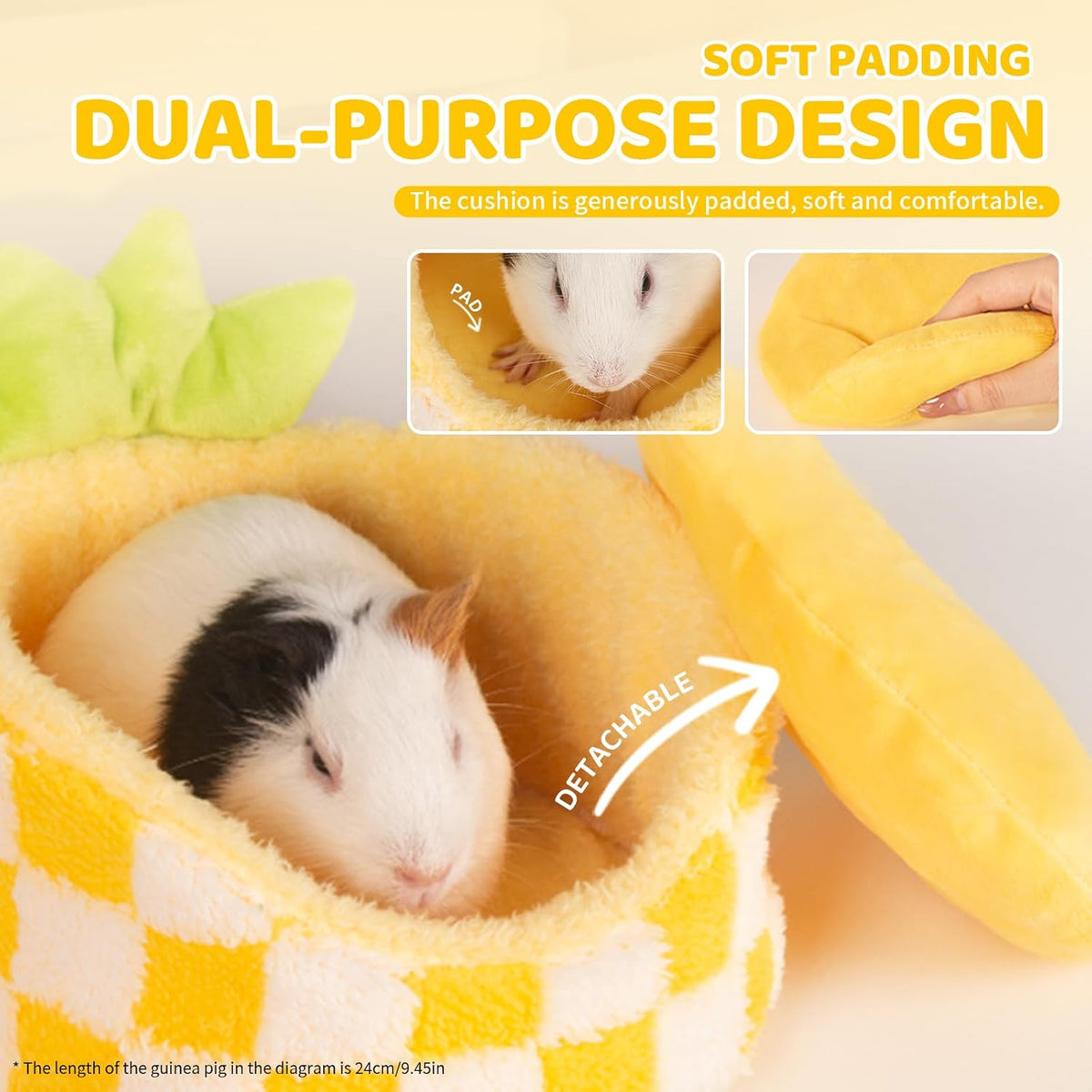 Hamster Hideout Guinea Pig Bed with Detachable Cushion Warm Thick Soft Pad 2 in 1 Guinea Pig Hideout Rat Hideout Small Pet Beds for Chinchilla, Rat, Mouse House, Sugar Glider (Pink Peach)