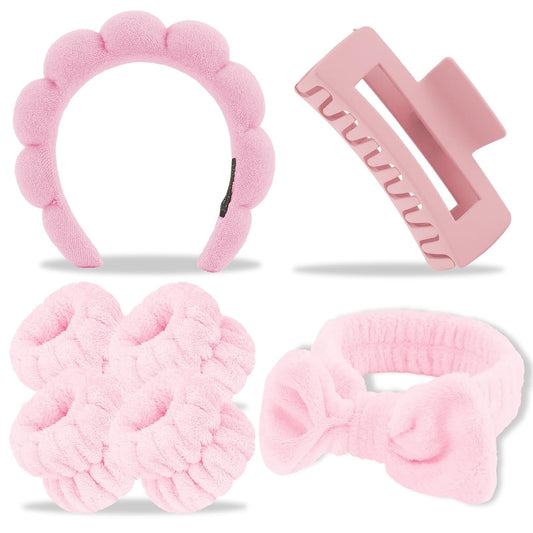 Spa Headband Wrist Bands Hair Clips Set Skincare Makeup Self Skin Care for Women Washing Face Teens Teenager Tween Clean Girl Gifts Cute Trendy Stuff Things Pink Stocking Stuffers