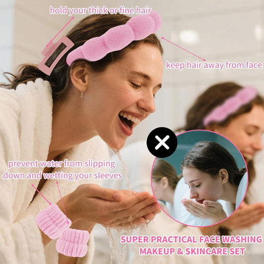 Spa Headband Wrist Bands Hair Clips Set Skincare Makeup Self Skin Care for Women Washing Face Teens Teenager Tween Clean Girl Gifts Cute Trendy Stuff Things Pink Stocking Stuffers