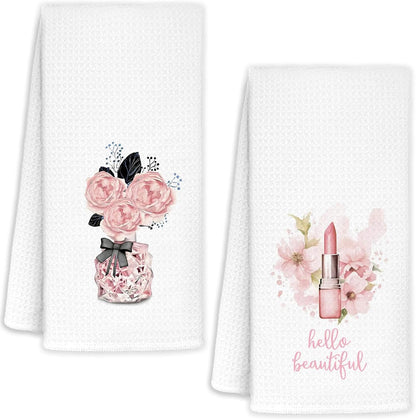 Preppy Pink Hand Towels Set of 2 16x24 Inch, Pink and Black Bathroom Decor, Floral Perfume Lipstick Coquette Girly Kitchen Dish Towels Decorative