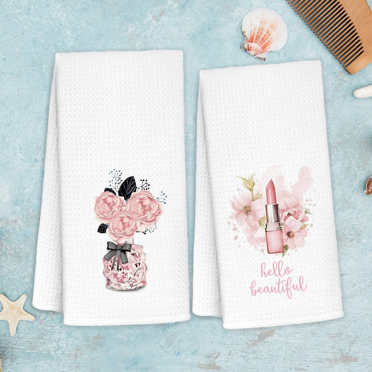 Preppy Pink Hand Towels Set of 2 16x24 Inch, Pink and Black Bathroom Decor, Floral Perfume Lipstick Coquette Girly Kitchen Dish Towels Decorative