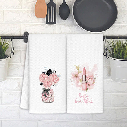 Preppy Pink Hand Towels Set of 2 16x24 Inch, Pink and Black Bathroom Decor, Floral Perfume Lipstick Coquette Girly Kitchen Dish Towels Decorative
