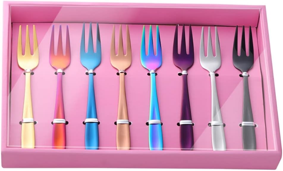Appetizer Small Forks Set, 18/10 Stainless Steel Cake Fruits Forks Set of 8, 5.4 Inch Multicolor Tasting Dessert Forks with Pink Present Box