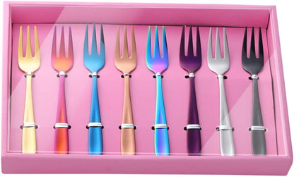 Appetizer Small Forks Set, 18/10 Stainless Steel Cake Fruits Forks Set of 8, 5.4 Inch Multicolor Tasting Dessert Forks with Pink Present Box