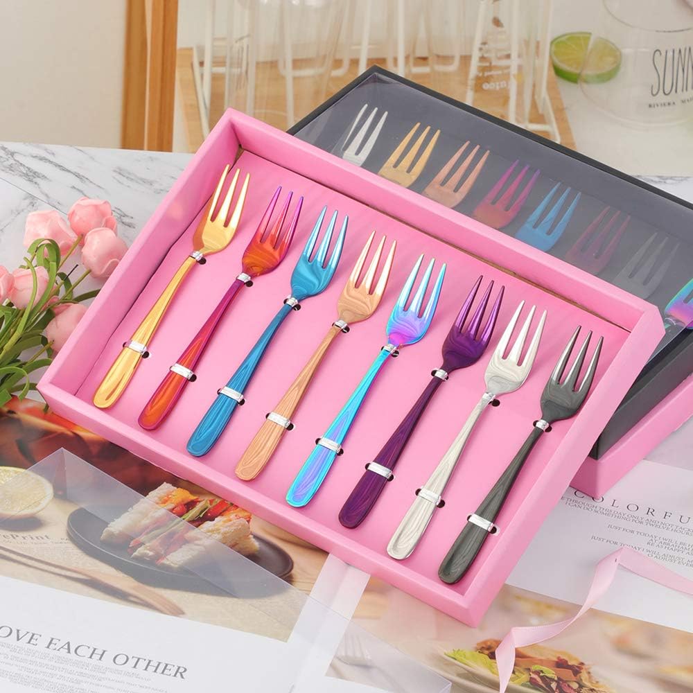 Appetizer Small Forks Set, 18/10 Stainless Steel Cake Fruits Forks Set of 8, 5.4 Inch Multicolor Tasting Dessert Forks with Pink Present Box