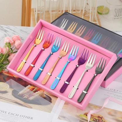 Appetizer Small Forks Set, 18/10 Stainless Steel Cake Fruits Forks Set of 8, 5.4 Inch Multicolor Tasting Dessert Forks with Pink Present Box