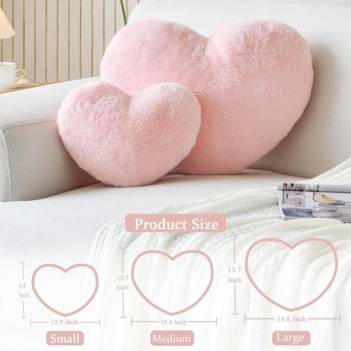 Pink Heart Pillows, Cute Heart Decorative Pillow, Heart Shaped Throw Pillows for Bed, Faux Rabbit Fur Plush Hoom Decor Pillow Cushion for Chair Sofa Living Room (Mini 12.9" x 9.8")