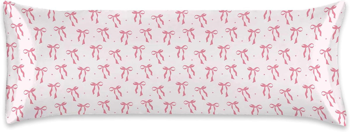 Satin Body Pillowcase Pink Bow Imitation Silk Pillow Cover with Hidden Zipper,Comfortable Lightweight Breathable for Hair and Skin,20x54 Inch