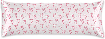 Satin Body Pillowcase Pink Bow Imitation Silk Pillow Cover with Hidden Zipper,Comfortable Lightweight Breathable for Hair and Skin,20x54 Inch