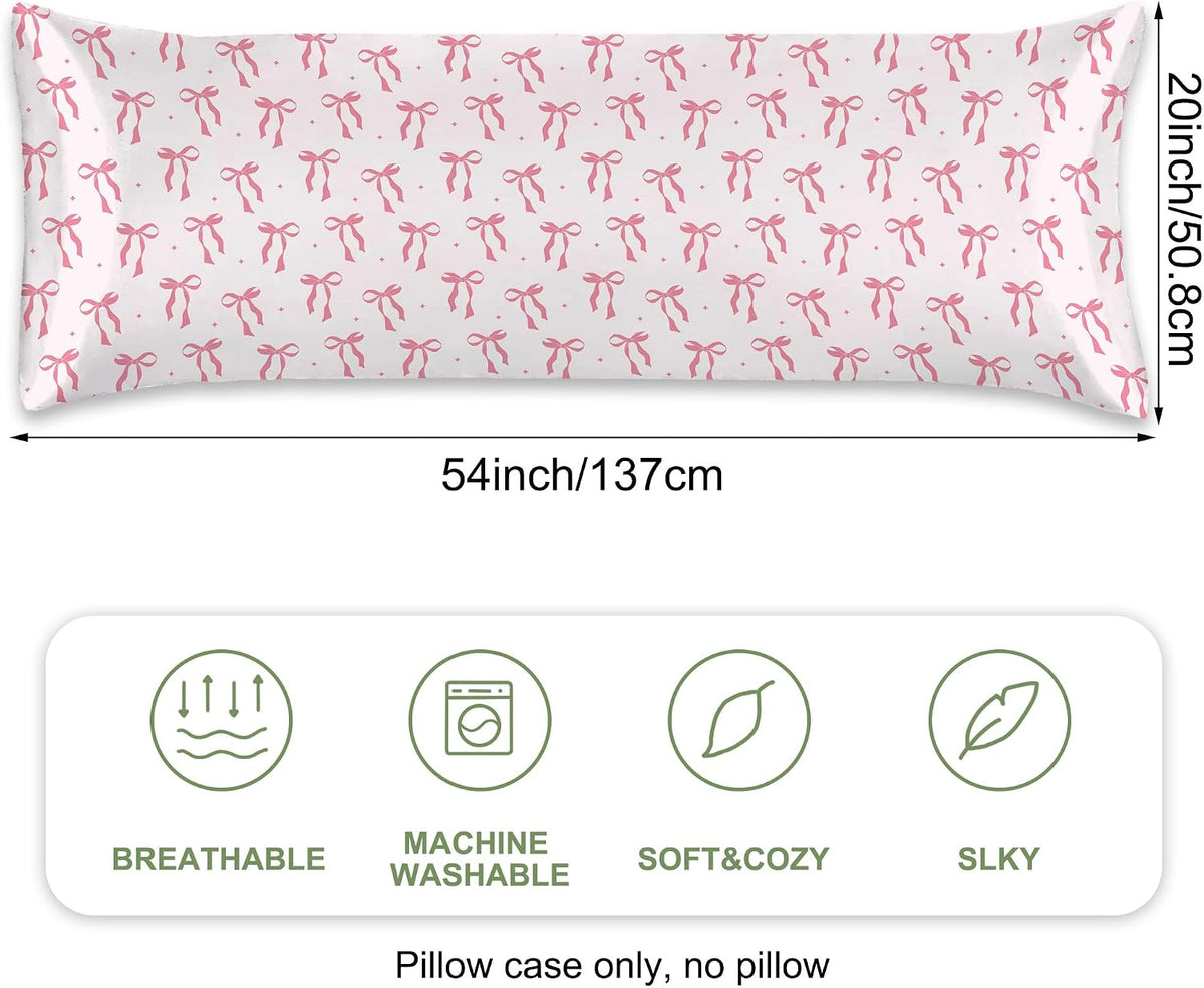 Satin Body Pillowcase Pink Bow Imitation Silk Pillow Cover with Hidden Zipper,Comfortable Lightweight Breathable for Hair and Skin,20x54 Inch