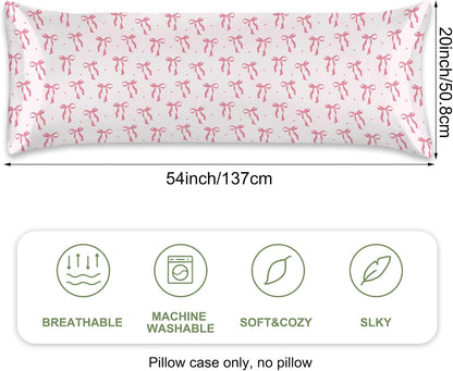 Satin Body Pillowcase Pink Bow Imitation Silk Pillow Cover with Hidden Zipper,Comfortable Lightweight Breathable for Hair and Skin,20x54 Inch