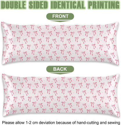 Satin Body Pillowcase Pink Bow Imitation Silk Pillow Cover with Hidden Zipper,Comfortable Lightweight Breathable for Hair and Skin,20x54 Inch