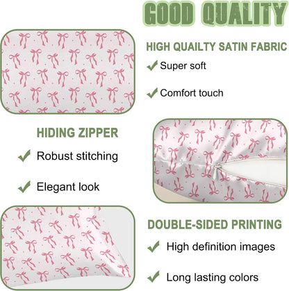 Satin Body Pillowcase Pink Bow Imitation Silk Pillow Cover with Hidden Zipper,Comfortable Lightweight Breathable for Hair and Skin,20x54 Inch