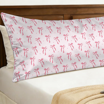 Satin Body Pillowcase Pink Bow Imitation Silk Pillow Cover with Hidden Zipper,Comfortable Lightweight Breathable for Hair and Skin,20x54 Inch