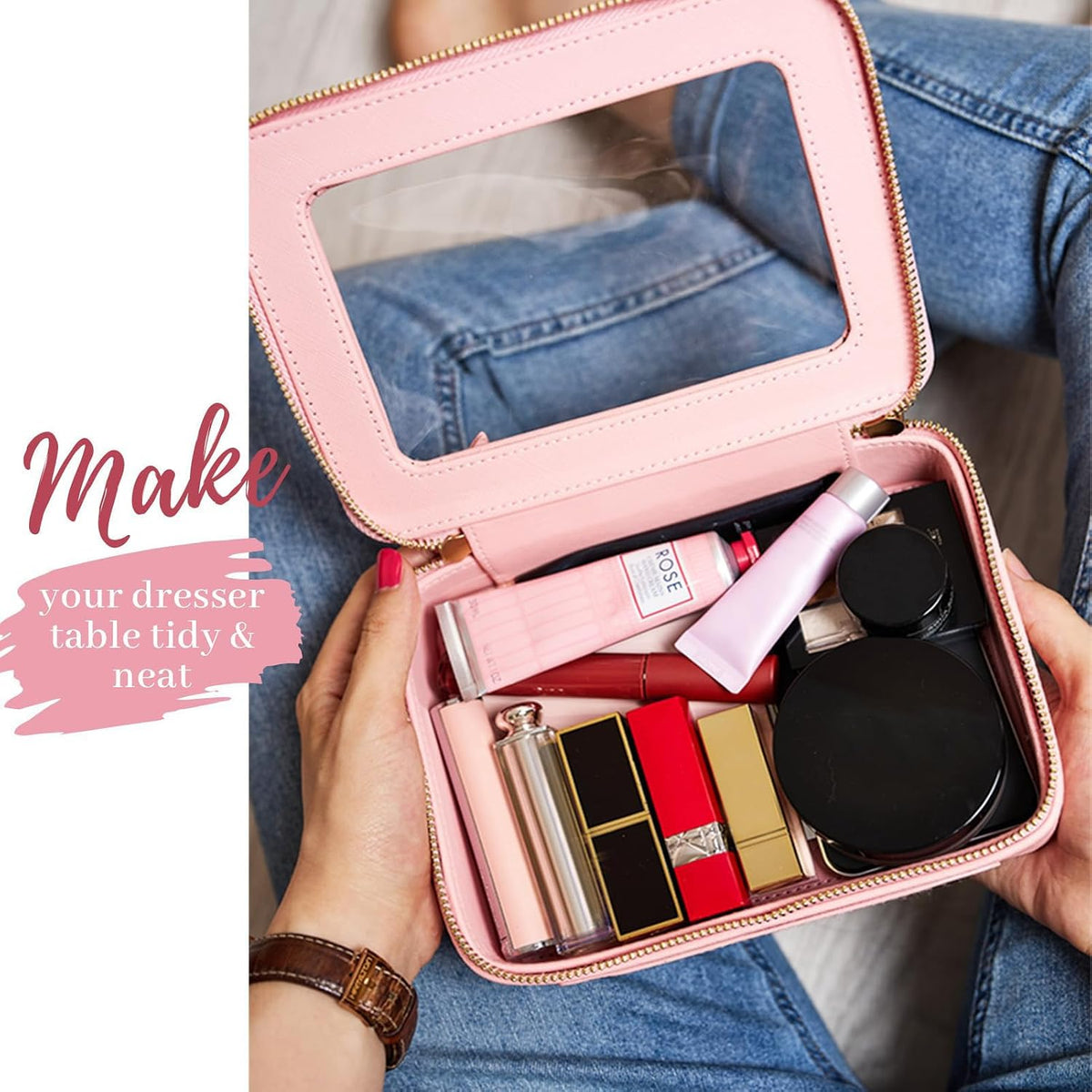 Clear Makeup Bag Organizer, Travel Toiletry Bag for Women, Waterproof Cosmetic Pouch with Zippers,Car Accessories Organizers and Storage Case,Pink,Medium Classic