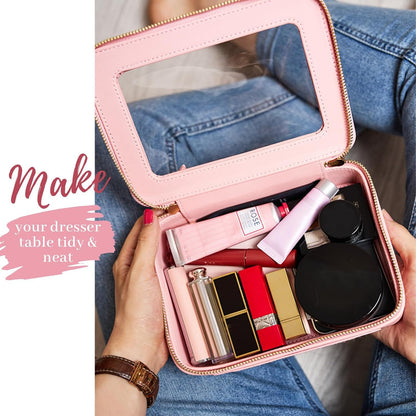Clear Makeup Bag Organizer, Travel Toiletry Bag for Women, Waterproof Cosmetic Pouch with Zippers,Car Accessories Organizers and Storage Case,Pink,Medium Classic