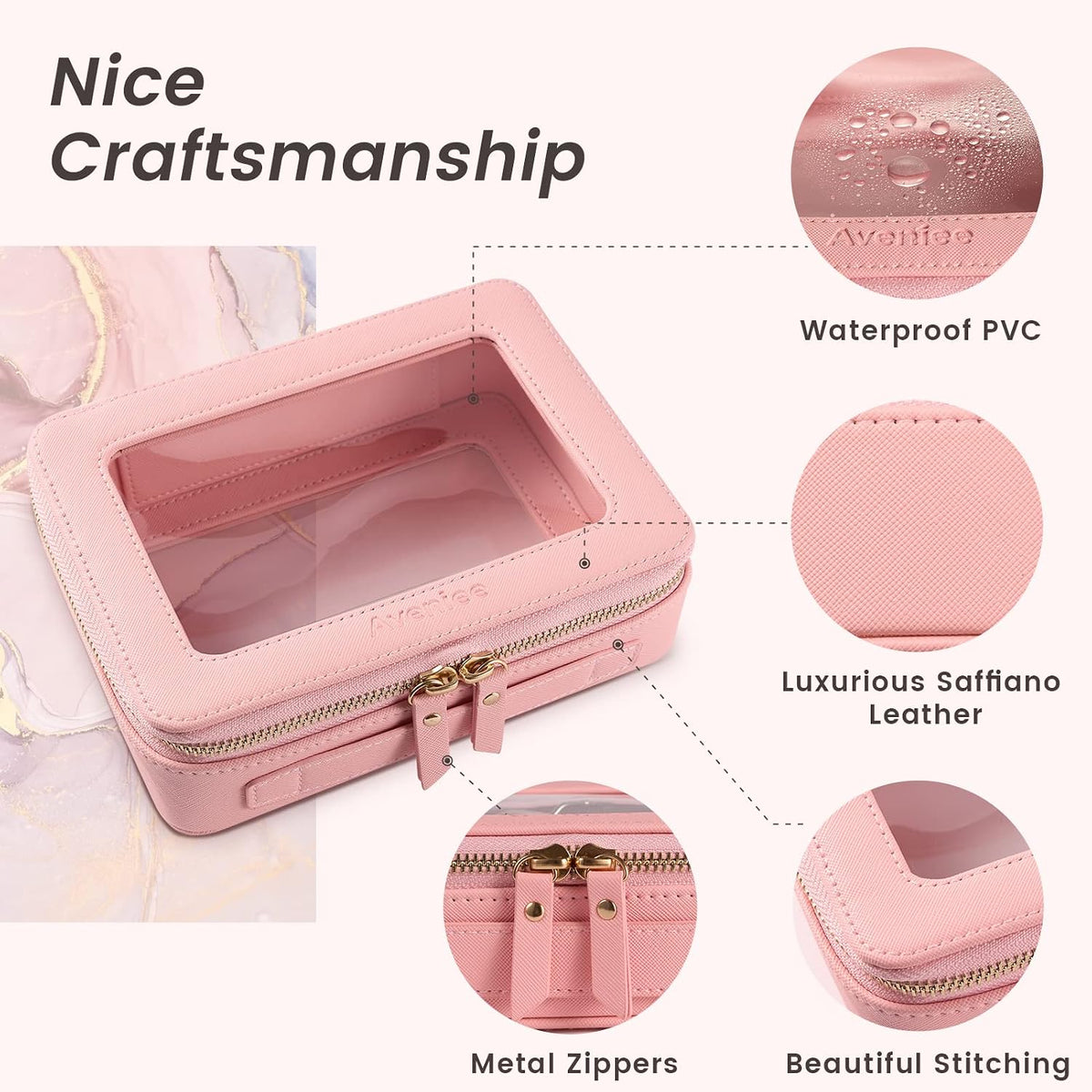 Clear Makeup Bag Organizer, Travel Toiletry Bag for Women, Waterproof Cosmetic Pouch with Zippers,Car Accessories Organizers and Storage Case,Pink,Medium Classic