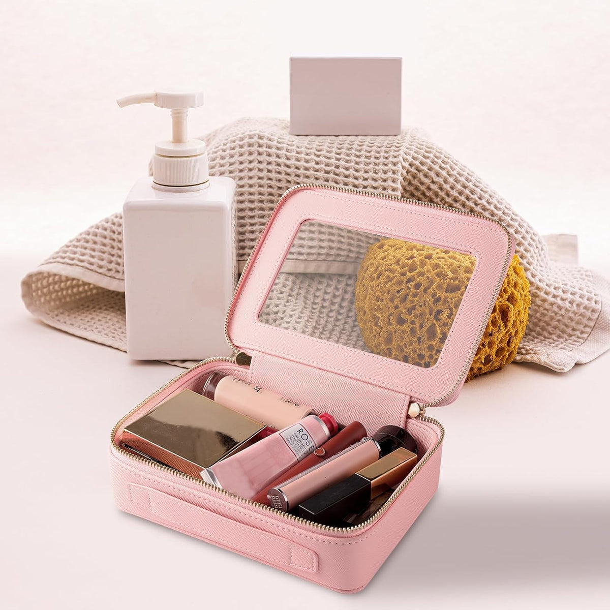 Clear Makeup Bag Organizer, Travel Toiletry Bag for Women, Waterproof Cosmetic Pouch with Zippers,Car Accessories Organizers and Storage Case,Pink,Medium Classic