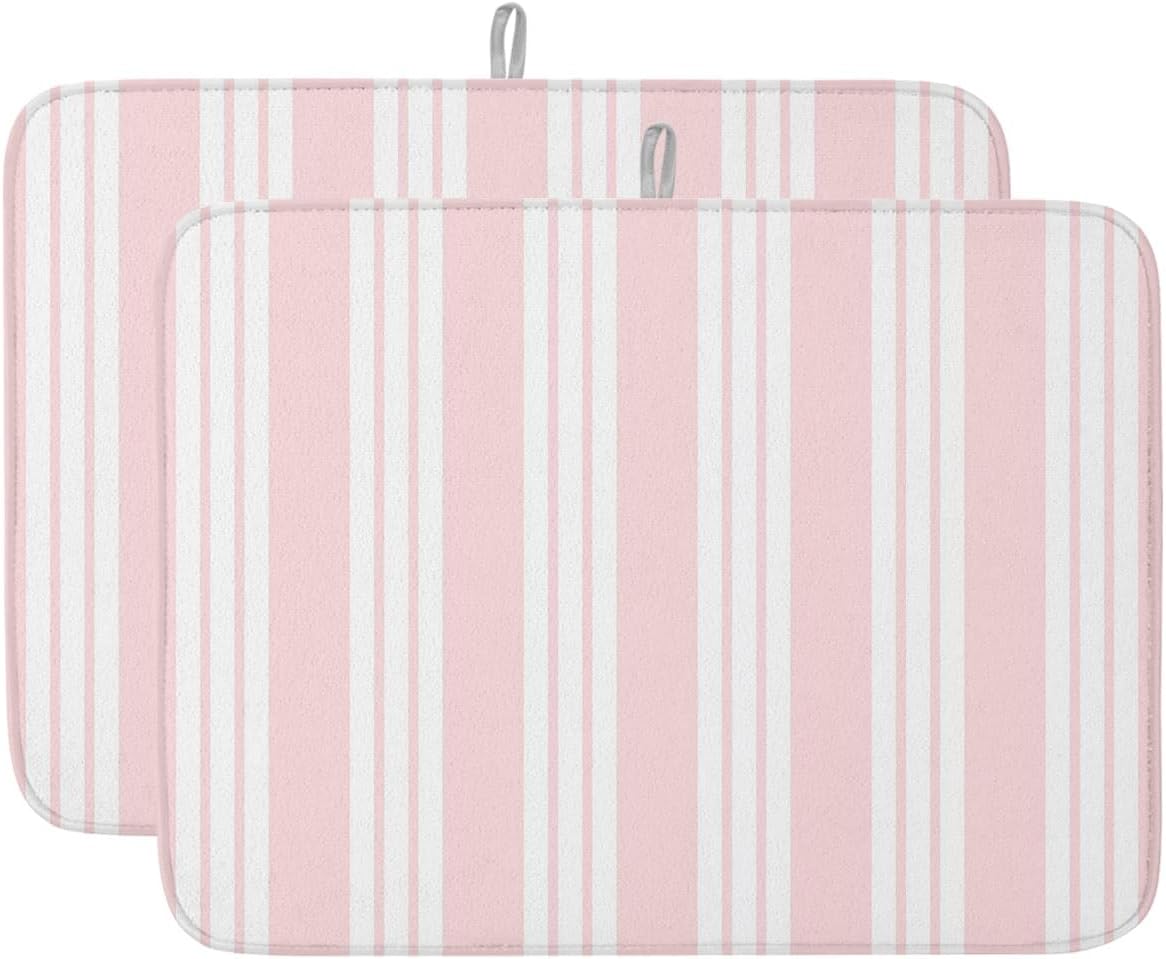 Pink Striped Dish Drying Mat 2 Pack, Modern Classic Stripes Rustic Country Farmhouse Absorbent Heat Insulating Kitchen Drying Pad Drainer Mats for Sink Counter Pot Dishes 18 X 24 Inch