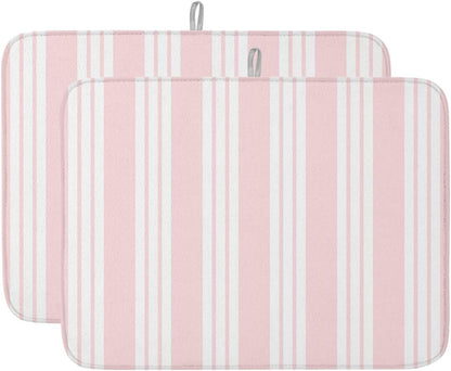 Pink Striped Dish Drying Mat 2 Pack, Modern Classic Stripes Rustic Country Farmhouse Absorbent Heat Insulating Kitchen Drying Pad Drainer Mats for Sink Counter Pot Dishes 18 X 24 Inch