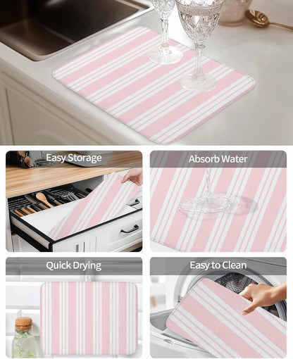 Pink Striped Dish Drying Mat 2 Pack, Modern Classic Stripes Rustic Country Farmhouse Absorbent Heat Insulating Kitchen Drying Pad Drainer Mats for Sink Counter Pot Dishes 18 X 24 Inch