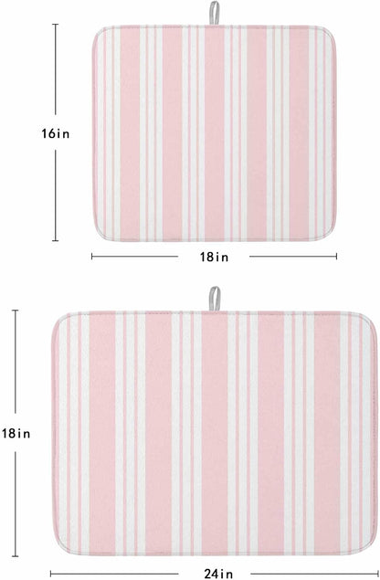 Pink Striped Dish Drying Mat 2 Pack, Modern Classic Stripes Rustic Country Farmhouse Absorbent Heat Insulating Kitchen Drying Pad Drainer Mats for Sink Counter Pot Dishes 18 X 24 Inch
