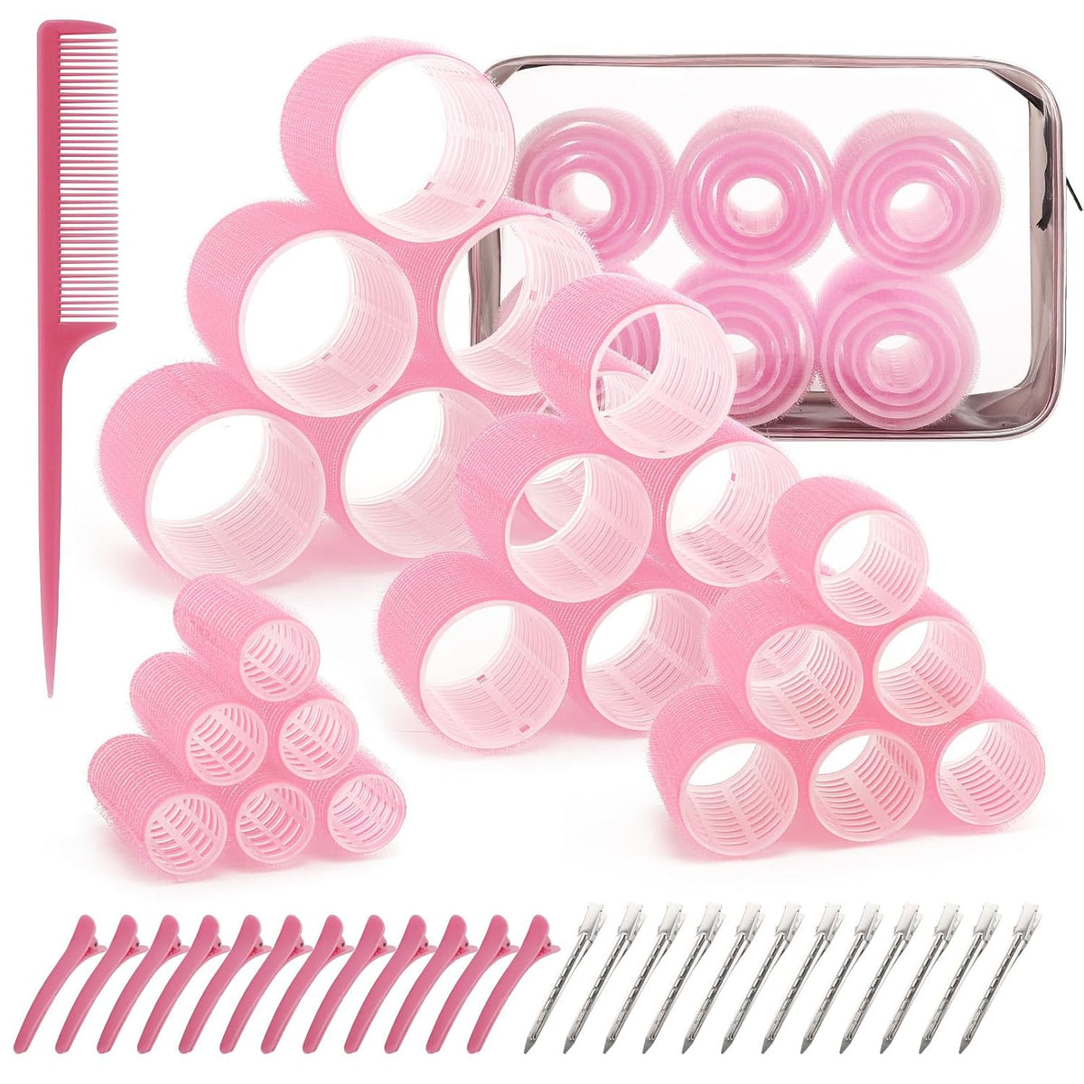 4 Sizes Hair Rollers Set with Clips - 50 Pcs Hair Curlers Rollers for Women, Self Grip Holding Hair Roller for Hair Long Medium Short Bangs Thick Fine Volume Thin, Pink