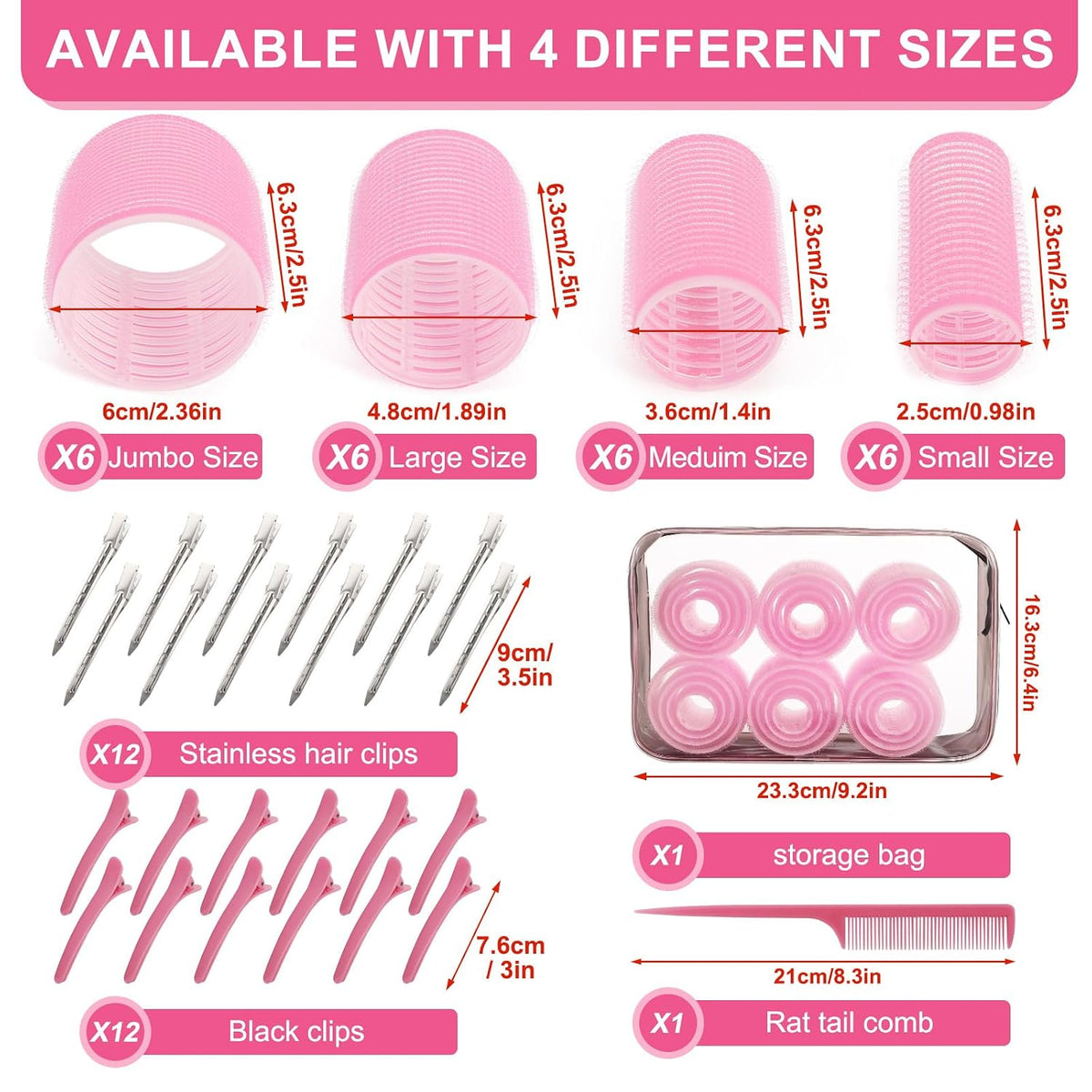 4 Sizes Hair Rollers Set with Clips - 50 Pcs Hair Curlers Rollers for Women, Self Grip Holding Hair Roller for Hair Long Medium Short Bangs Thick Fine Volume Thin, Pink