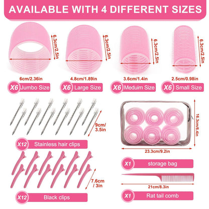 4 Sizes Hair Rollers Set with Clips - 50 Pcs Hair Curlers Rollers for Women, Self Grip Holding Hair Roller for Hair Long Medium Short Bangs Thick Fine Volume Thin, Pink
