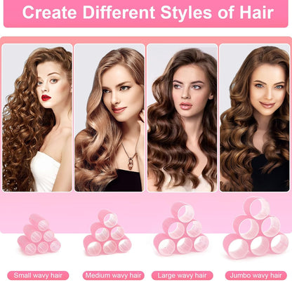 4 Sizes Hair Rollers Set with Clips - 50 Pcs Hair Curlers Rollers for Women, Self Grip Holding Hair Roller for Hair Long Medium Short Bangs Thick Fine Volume Thin, Pink