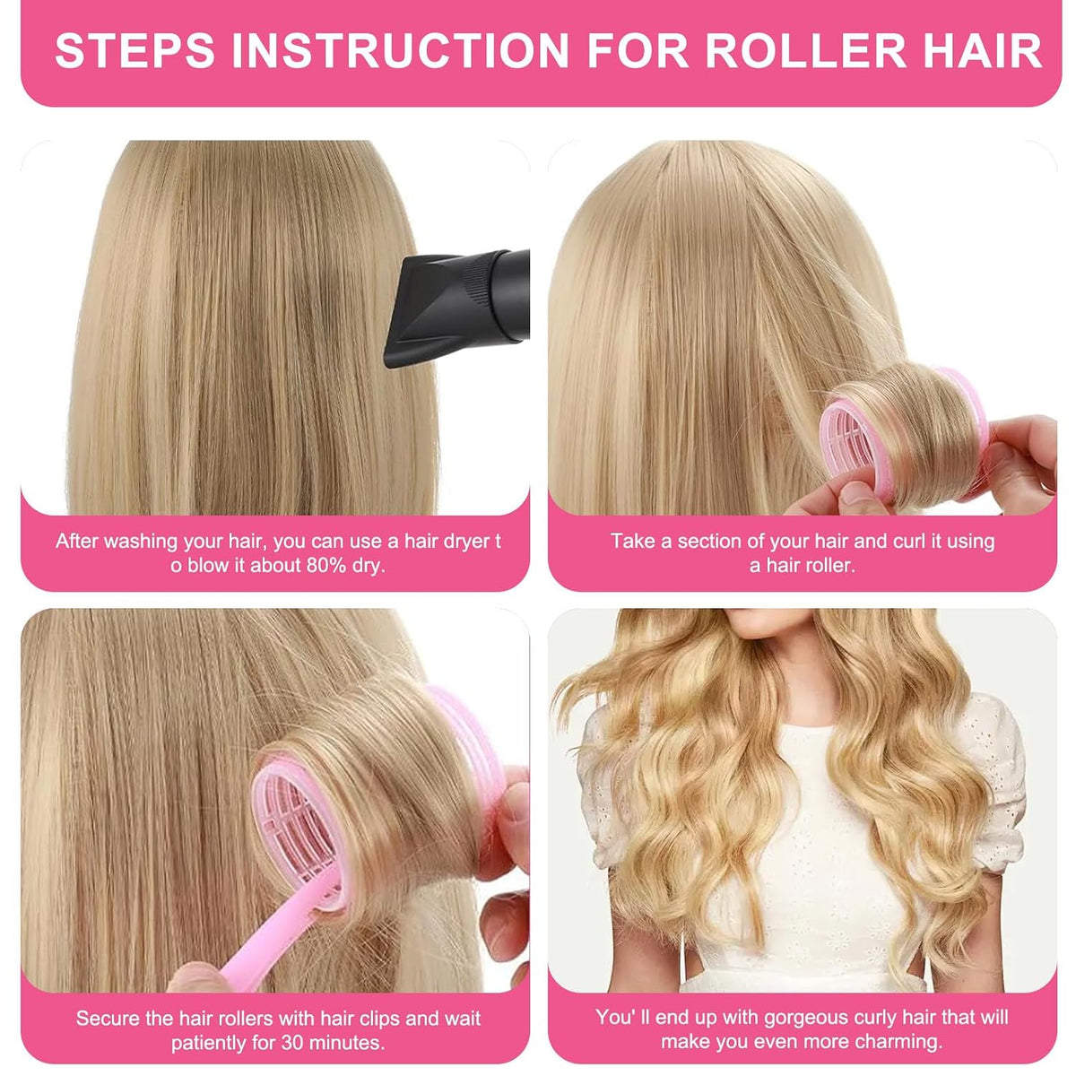 4 Sizes Hair Rollers Set with Clips - 50 Pcs Hair Curlers Rollers for Women, Self Grip Holding Hair Roller for Hair Long Medium Short Bangs Thick Fine Volume Thin, Pink
