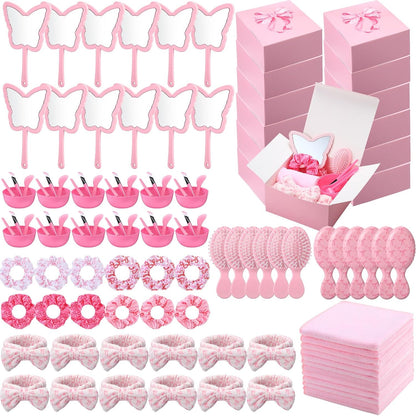 120 Pcs Pink Spa Party Favors for 12 Guests, Coquette Sleepover Party Supplies with Gift Boxes, Face Mask Bowls, Brushes, Mirrors, Hair Brushes, Headbands, Scrunchies, Bridal Shower