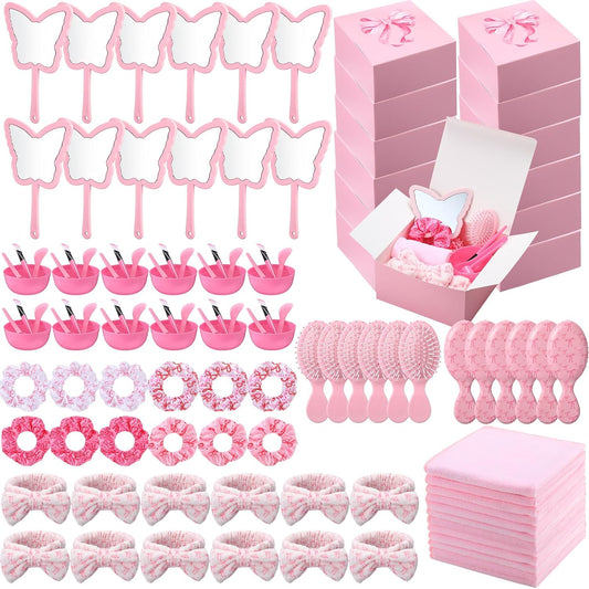 120 Pcs Pink Spa Party Favors for 12 Guests, Coquette Sleepover Party Supplies with Gift Boxes, Face Mask Bowls, Brushes, Mirrors, Hair Brushes, Headbands, Scrunchies, Bridal Shower