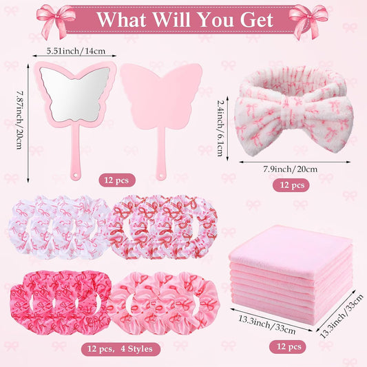 120 Pcs Pink Spa Party Favors for 12 Guests, Coquette Sleepover Party Supplies with Gift Boxes, Face Mask Bowls, Brushes, Mirrors, Hair Brushes, Headbands, Scrunchies, Bridal Shower