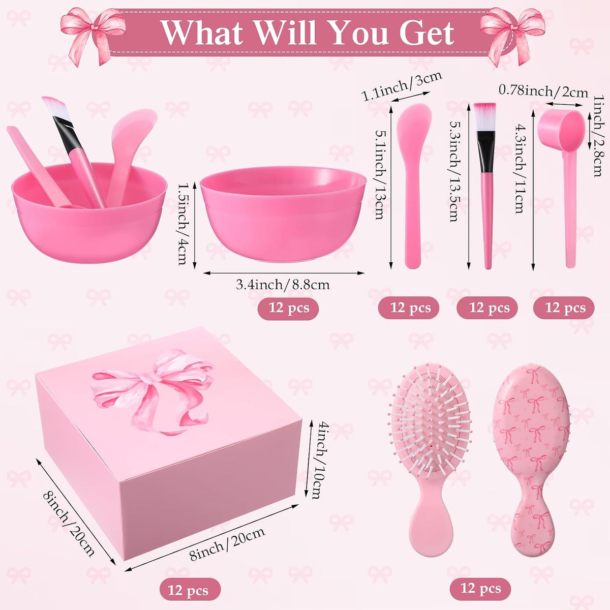 120 Pcs Pink Spa Party Favors for 12 Guests, Coquette Sleepover Party Supplies with Gift Boxes, Face Mask Bowls, Brushes, Mirrors, Hair Brushes, Headbands, Scrunchies, Bridal Shower