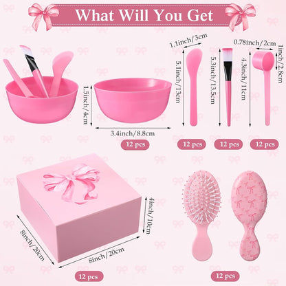 120 Pcs Pink Spa Party Favors for 12 Guests, Coquette Sleepover Party Supplies with Gift Boxes, Face Mask Bowls, Brushes, Mirrors, Hair Brushes, Headbands, Scrunchies, Bridal Shower
