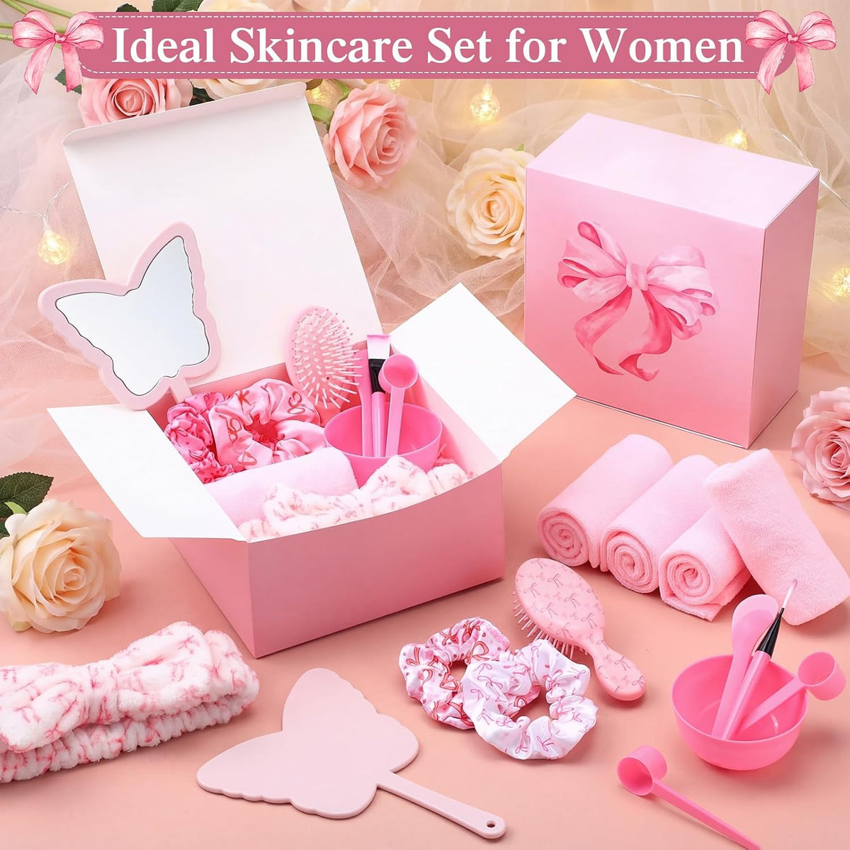 120 Pcs Pink Spa Party Favors for 12 Guests, Coquette Sleepover Party Supplies with Gift Boxes, Face Mask Bowls, Brushes, Mirrors, Hair Brushes, Headbands, Scrunchies, Bridal Shower