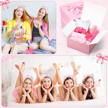 120 Pcs Pink Spa Party Favors for 12 Guests, Coquette Sleepover Party Supplies with Gift Boxes, Face Mask Bowls, Brushes, Mirrors, Hair Brushes, Headbands, Scrunchies, Bridal Shower