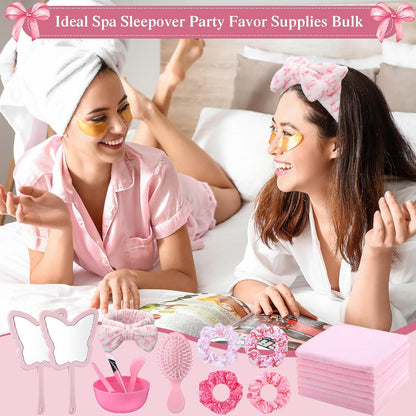 120 Pcs Pink Spa Party Favors for 12 Guests, Coquette Sleepover Party Supplies with Gift Boxes, Face Mask Bowls, Brushes, Mirrors, Hair Brushes, Headbands, Scrunchies, Bridal Shower